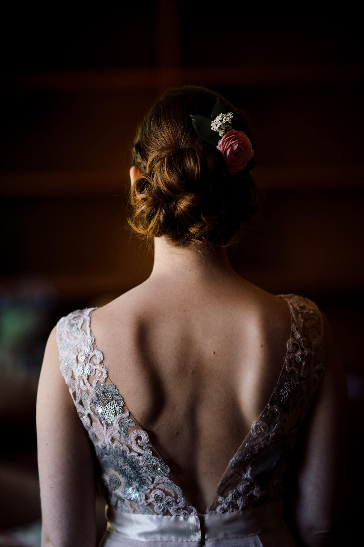 blush wedding dress and hair flowers