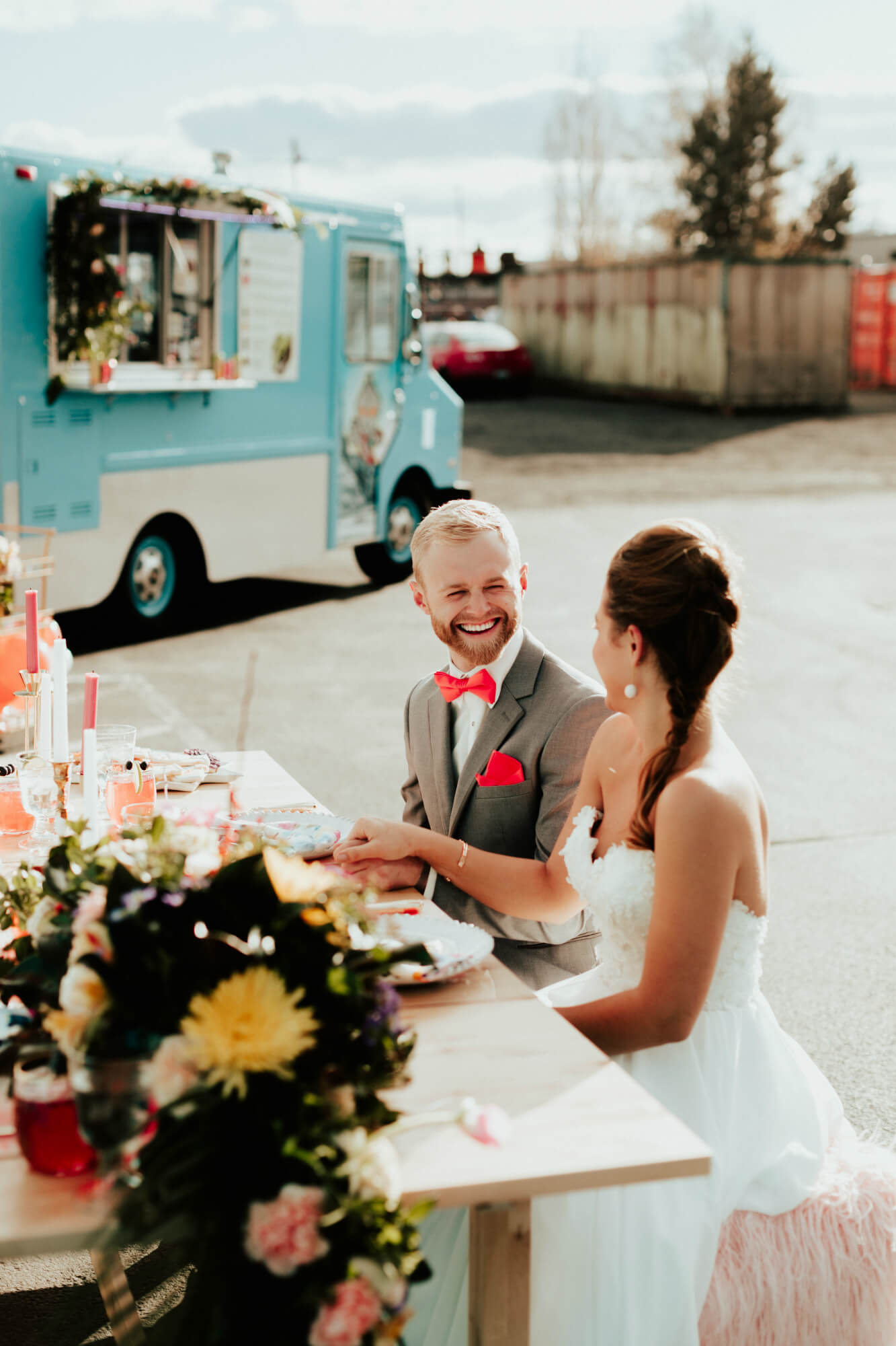 colorful wedding with food truck