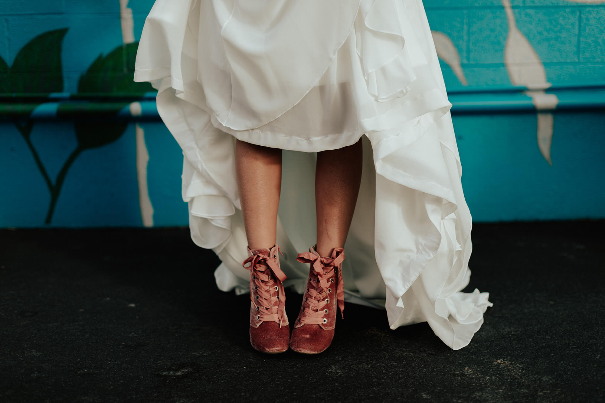 pink velvet wedding boots as statement shoe