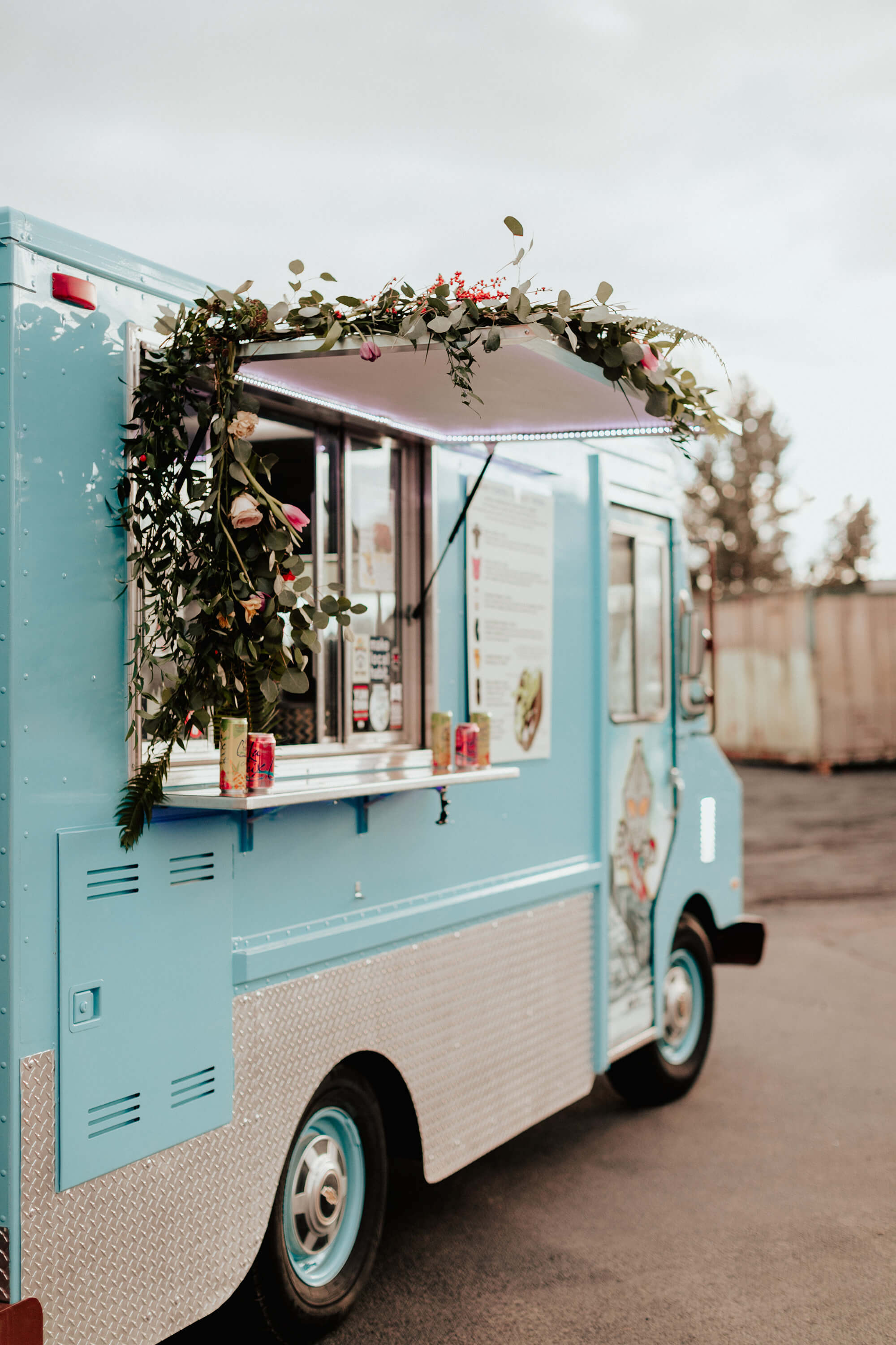 food truck with flowers at wedding