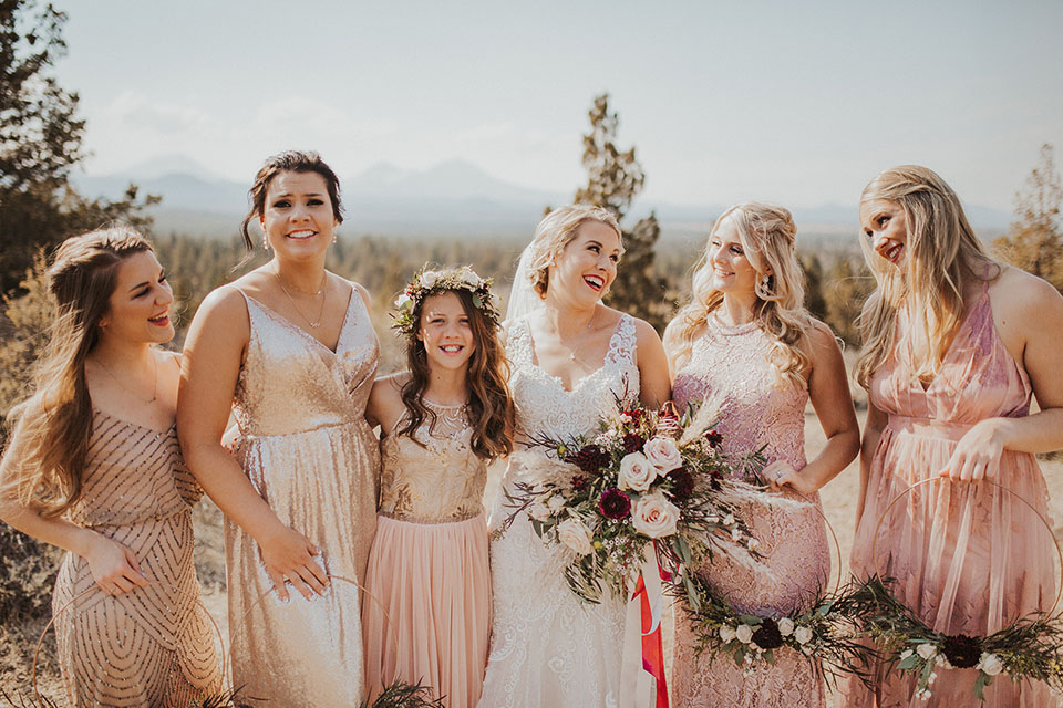 bridesmaids with hoop circle bouquets