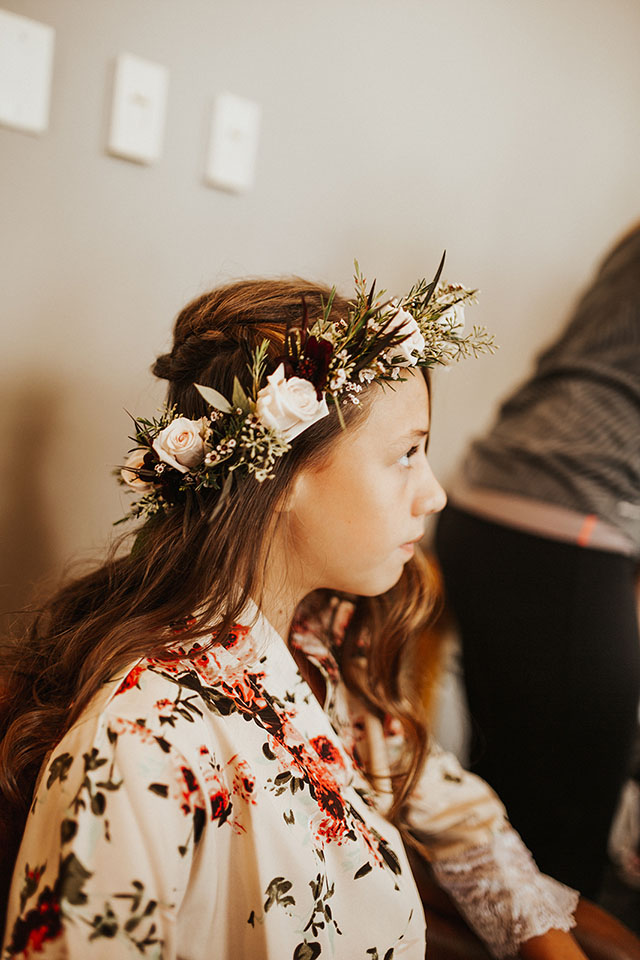 flower girl with floral crown oregon wedding