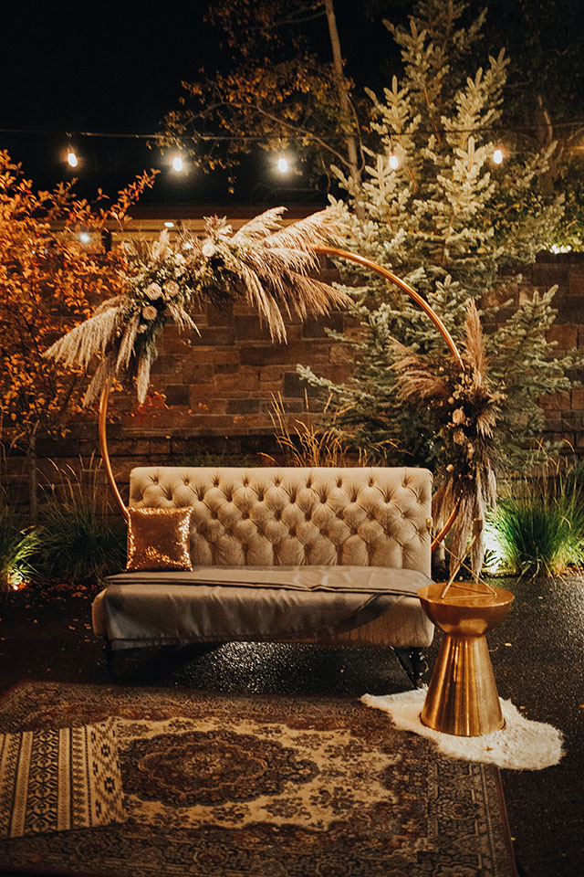 seating lounge copper circle arch wedding