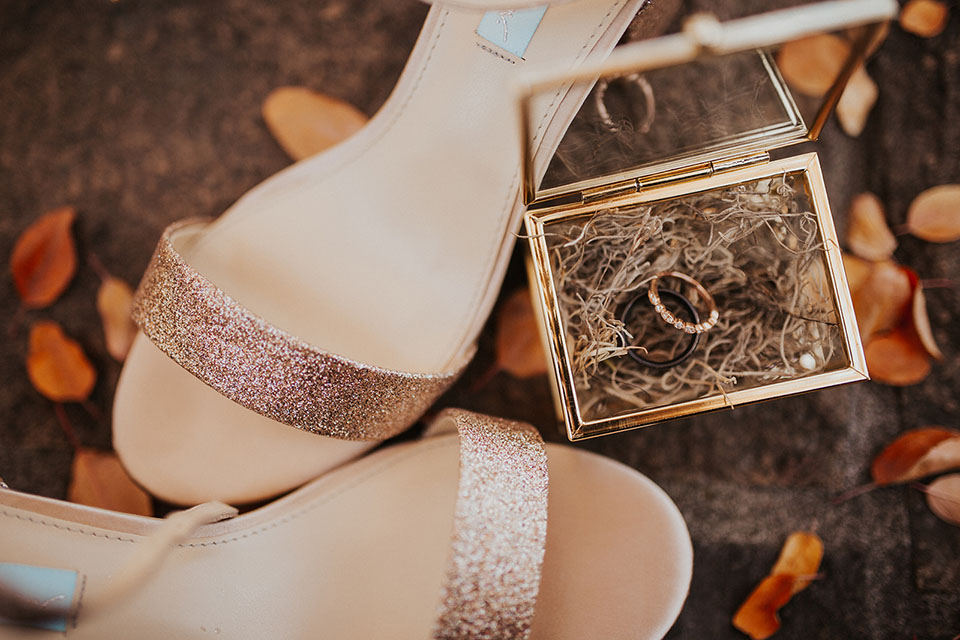 blush glitter wedding shoes and rings