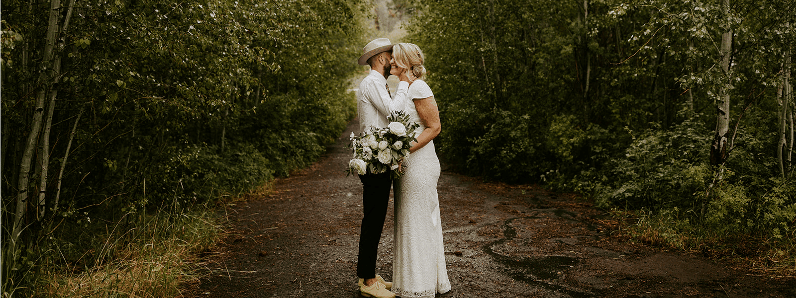 bride and groom in forest