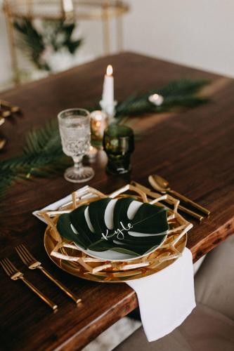 gold green place setting wedding